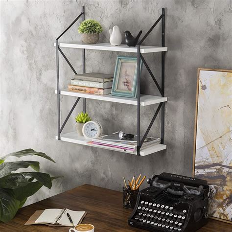 3-tier white wood hanging wall shelf with black metal brackets|3 Tier Wall Shelf .